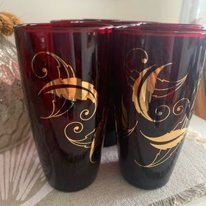 Vintage Ruby Red Anchor Hocking gold leaves design 1950’s-60’s drink ware.